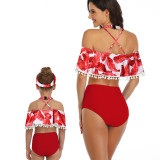 Mommy and Me Sports Print Tropical Leaves Pompom Ruffles Bikini Sets Matching Swimwear