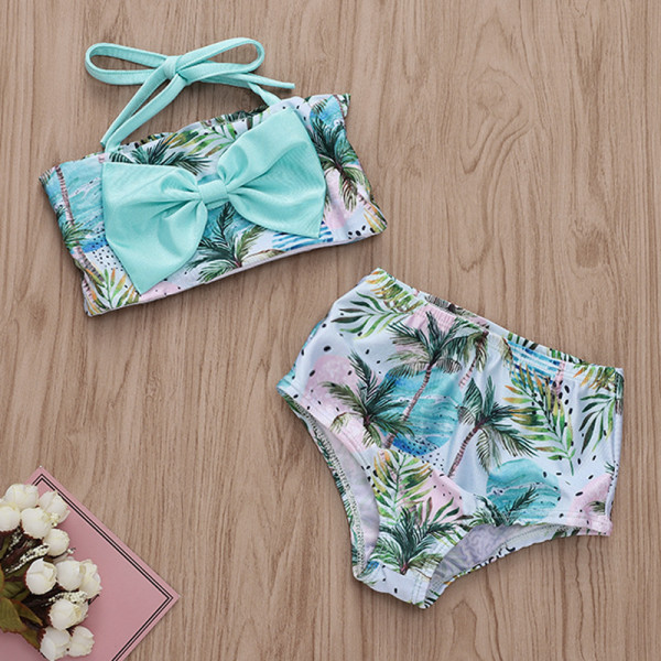 Toddle Kids Girls Bowknot Tube Tops Prints Coconut Tree Beach Bikini Swimwear Sets