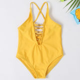 Mommy and Me Lace Up Backless Yellow Matching Swimwears