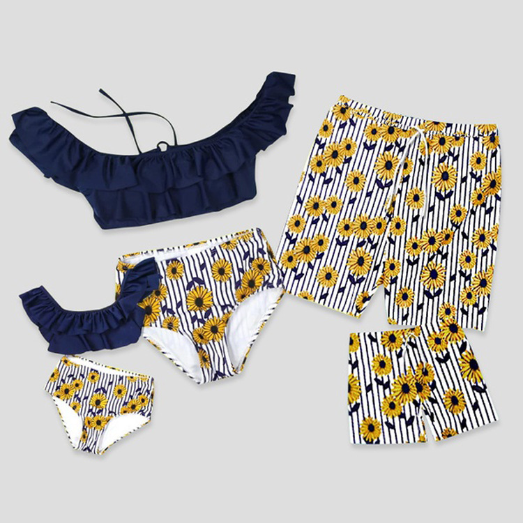 Family Matching Swimwear Prints Sun Flowers Ruffles Bikini Set and Navy Stripes Truck Shorts