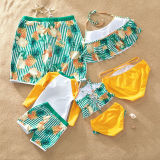 Family Matching Swimwear Green Stripes Ruffles Pineapples Bikini Set and Truck Shorts