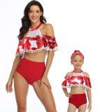 Mommy and Me Sports Print Tropical Leaves Pompom Ruffles Bikini Sets Matching Swimwear