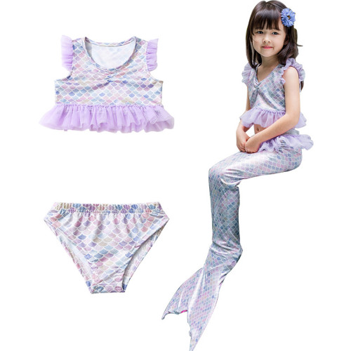 3PCS Kid Girls Ruffles Purple Tutu Scale Mermaid Tail Bikini Sets Swimwear