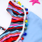 Toddle Kids Girls One Shoulder Rainbow Pompoms Stripes Swimsuit Swimwear