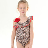 Mommy and Me One Shoulder Leopard Print Red Flower Matching Swimwears