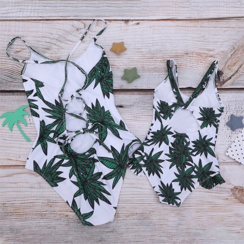 Mommy and Me Ruffles Tropical Leaves Lace Up Backless Swimsuit Matching Swimwears