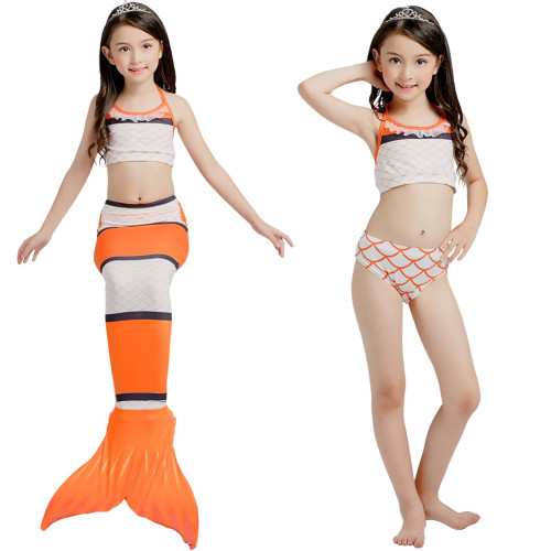 3PCS Kid Girls Clownfish Mermaid Tail Bikini Sets Swimwear With Free Garland Color Random