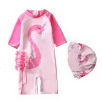 Toddle Kids Girls Print Pink 3D Flamingo Swimsuit Swimwear With Cap