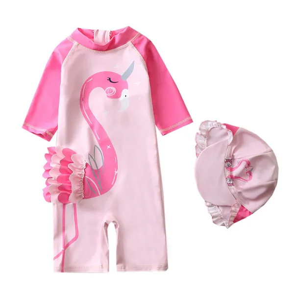 Toddle Kids Girls Print Pink 3D Flamingo Swimsuit Swimwear With Cap