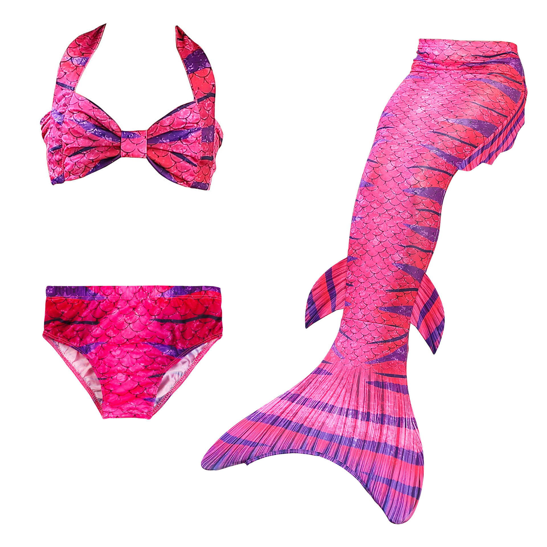 3PCS Kid Girls Strap Fly Fish Scales Mermaid Tail Bikini Sets Swimwear With Free Garland Color Random
