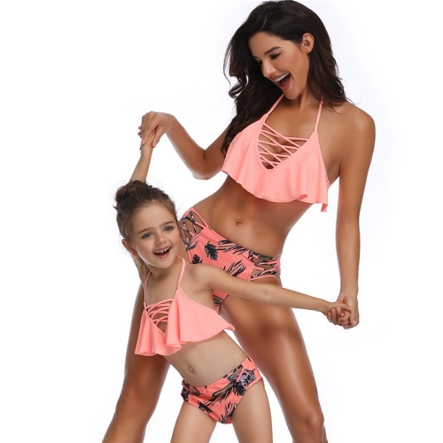 Mommy and Me Lace Up Ruffles Top Bikini Sets Matching Swimwear
