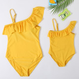 Mommy and Me One-shoulder Ruffles Yellow Matching Swimwears