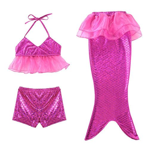 3PCS Kid Girls Scale Ruffles Tutu Sequin Mermaid Tail Bikini Swimsuit With Free Garland Color Random