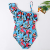 Mommy and Me Prints Flamingos Tropical Leaves One-shoulder Matching Swimwears