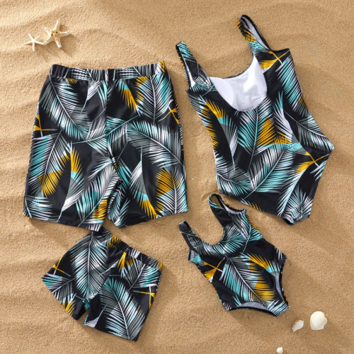 Family Matching Swimwear Prints Leaves Black Swimsuit and Truck Shorts