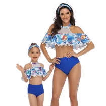 Mommy and Me Sports Print Tropical Leaves Pompom Ruffles Bikini Sets Matching Swimwear