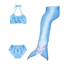 3PCS Kid Girls Blue Scale Bowknot Mermaid Tail Bikini Swimsuit With Free Garland Color Random