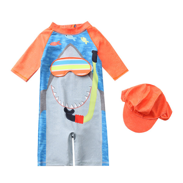 Toddler Kid Boys Print Underwater Diving Shark Swimwear With Cap
