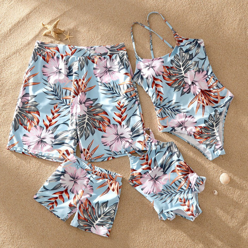 Family Matching Swimwear Prints Pink Flowers Leaves Lace Up Backless Swimsuit and Truck Shorts