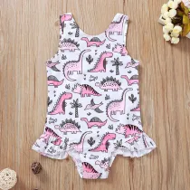 Toddle Kids Girls Print Dinosuars Ruffles Swimsuit Swimwear