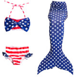 3PCS Kid Girls American National Flag Stars Mermaid Tail Bikini Sets Swimwear