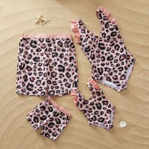Family Matching Swimwear Pink Leopard Print Ruffles Swimsuit and Truck Shorts