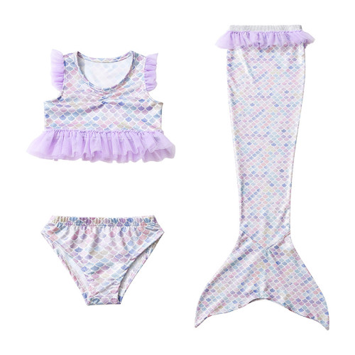 3PCS Kid Girls Ruffles Purple Tutu Scale Mermaid Tail Bikini Sets Swimwear