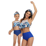 Mommy and Me Mesh Ruffles Tropical Leaves Bikini Sets Matching Swimwear