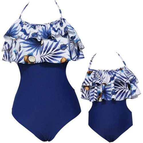 Mom and Me Matching Swimwear Prints Tropical Leaves Ruffles Swimsuit