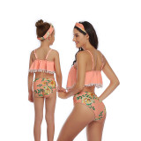 Mommy and Me Print Flowers Pompom Ruffles Bikini Sets Matching Swimwear