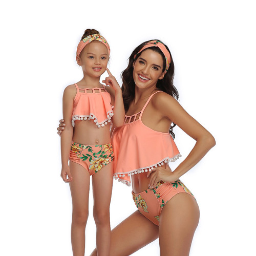 Mommy and Me Print Flowers Pompom Ruffles Bikini Sets Matching Swimwear