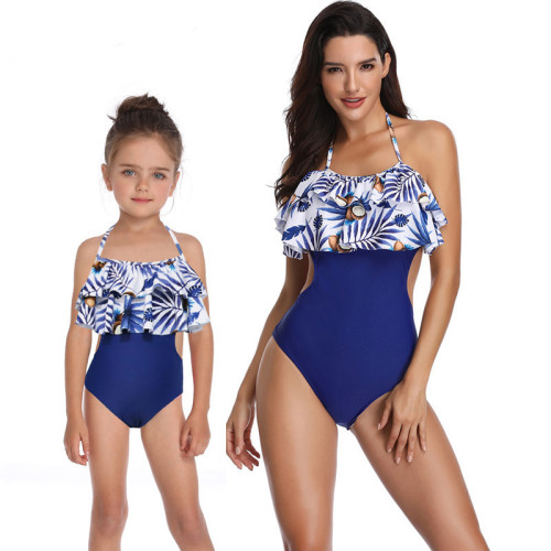 Mom and Me Matching Swimwear Prints Tropical Leaves Ruffles Swimsuit