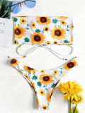 Women Swimsuit Prints Sun Flowers Tube Top Lace Up Bikinis Sets