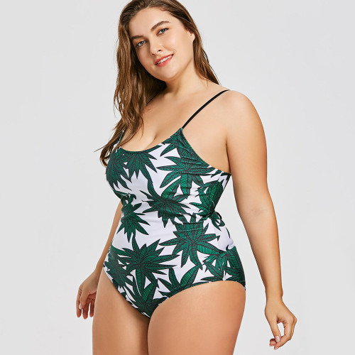 Women Swimsuit Prints Green Leaves Lace Up Backless Swimwewar