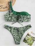 Women Swimsuit Prints Snakeskin One Shoulder Lace Up Bikinis Sets