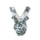 Women Swimsuit Deep V-Neck Print Flowers Ruffles One Piece Swimwear