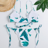Women Swimsuit Prints Green Leaves Cross Over Bikinis Sets Swimwear