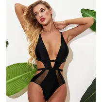 Women Swimsuit Black Mesh Cut Out One Piece Swimwear