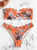Women Swimsuit Prints Flowers Tube Up Lace Up Bikinis Sets Swimwear