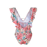 Women Swimsuit Deep V-Neck Print Flowers Ruffles One Piece Swimwear