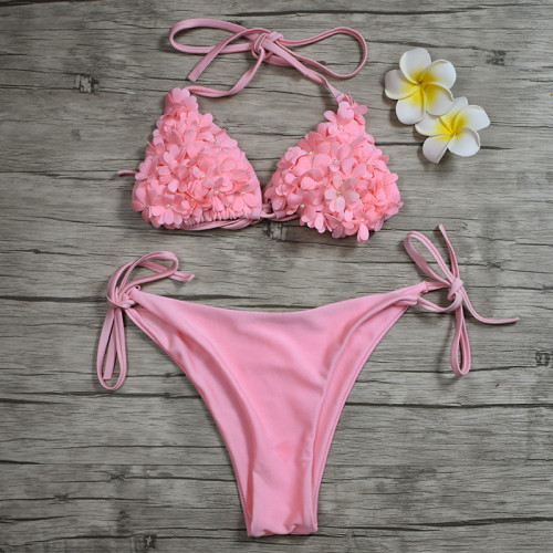 Women Swimsuit 3D Flowers Pearls Tie Up Bikinis Sets