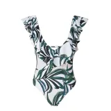 Women Swimsuit Deep V-Neck Print Flowers Ruffles One Piece Swimwear