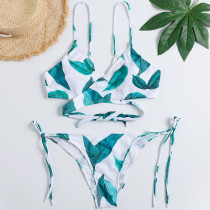 Women Swimsuit Prints Green Leaves Cross Over Bikinis Sets Swimwear