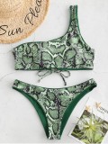 Women Swimsuit Prints Snakeskin One Shoulder Lace Up Bikinis Sets