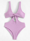 Women Swimsuit Purple Cut Out Tie Up One Piece Swimwear