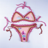 Women Swimsuit Crocheted Pink Flowers Bikinis Sets Swimwear
