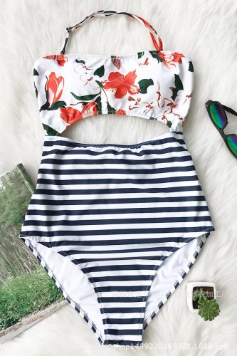 Women Swimsuit Print Flowers Cut Out Stripes One Piece Swimwear