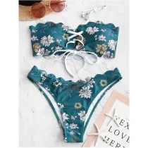 Women Swimsuit Prints Flowers Tube Up Lace Up Bikinis Sets Swimwear