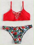 Women Swimsuit Red Flowers Lace Up Bikinis Sets Swimwear