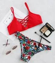 Women Swimsuit Red Flowers Lace Up Bikinis Sets Swimwear